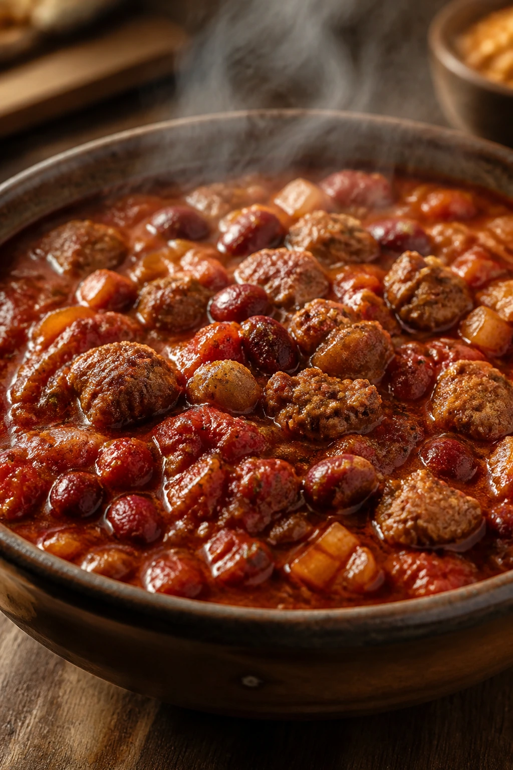 Bowl of hot sausage chili with beans tomatoes steaming
