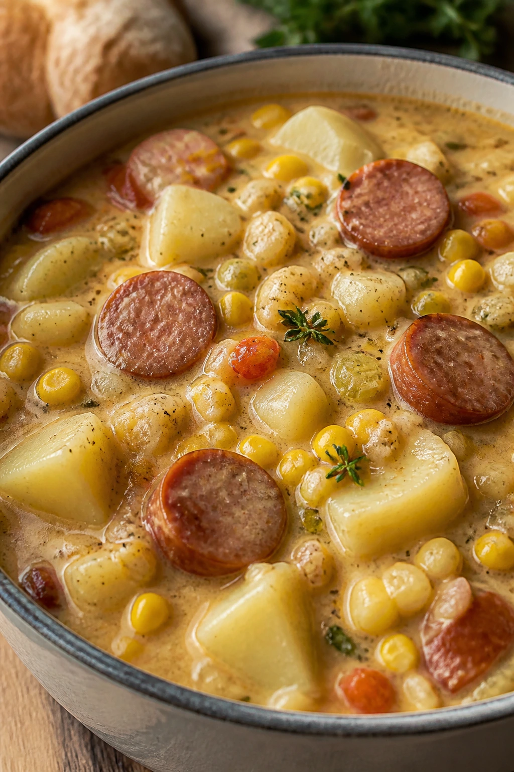 Thick sausage potato corn chowder in a bowl