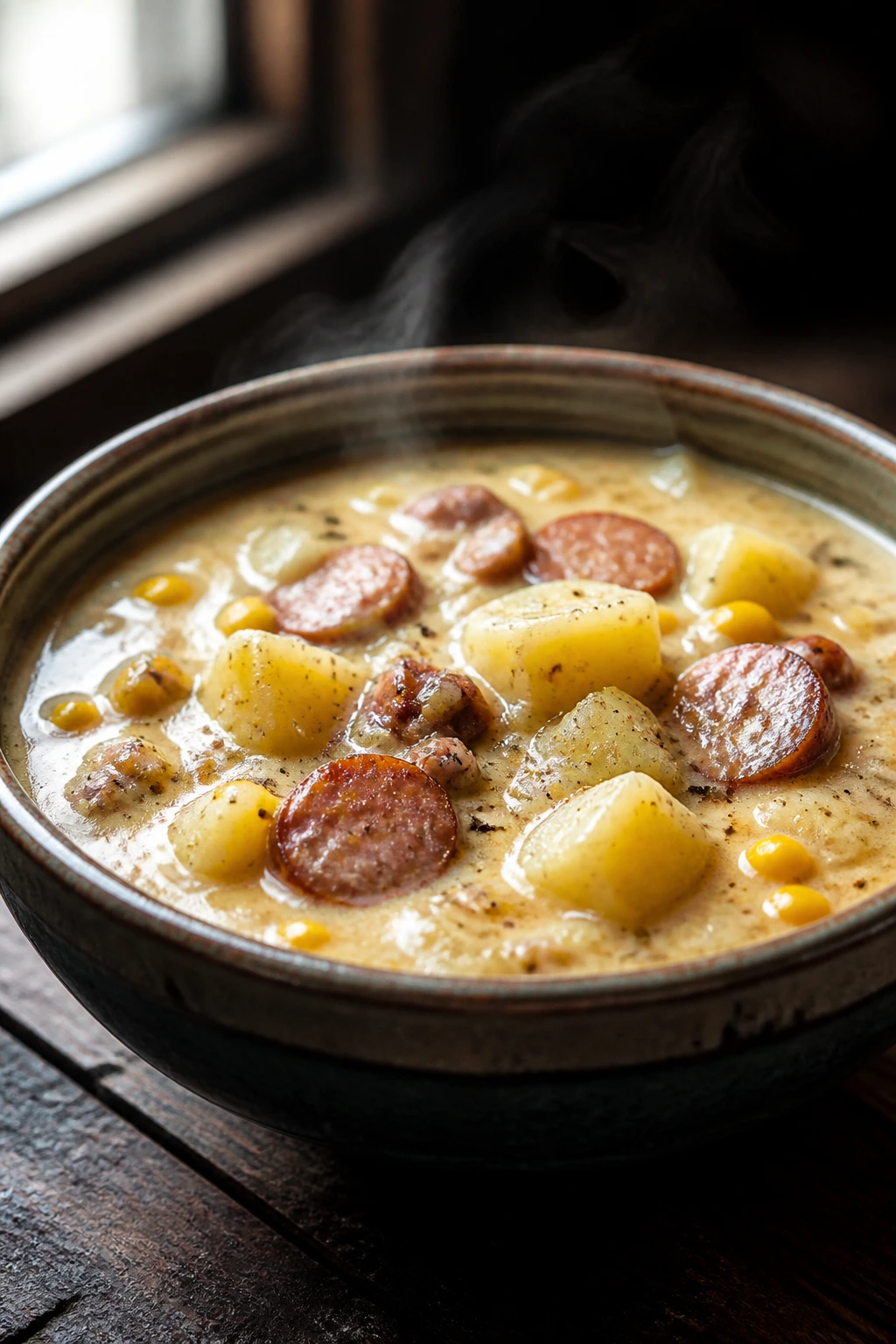 Close-up of creamy sausage potato chowder in a rustic bowl with potatoes and corn