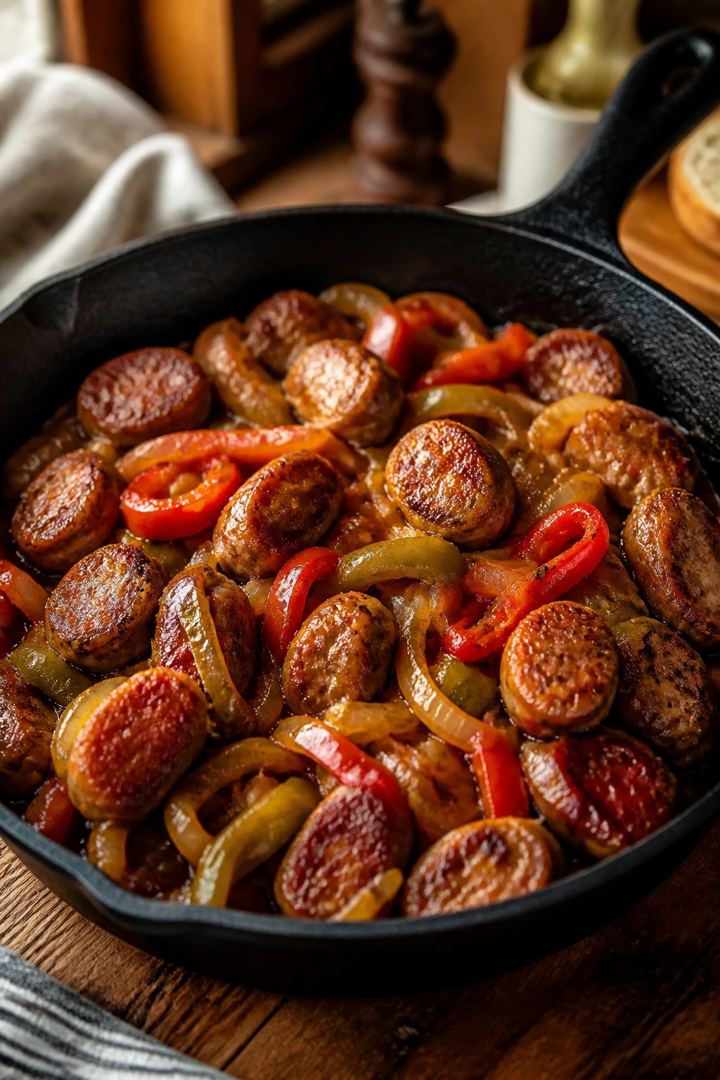 Close-up of sausage skillet on rustic table, suggesting a collection of sausage dishes for Sunday supper