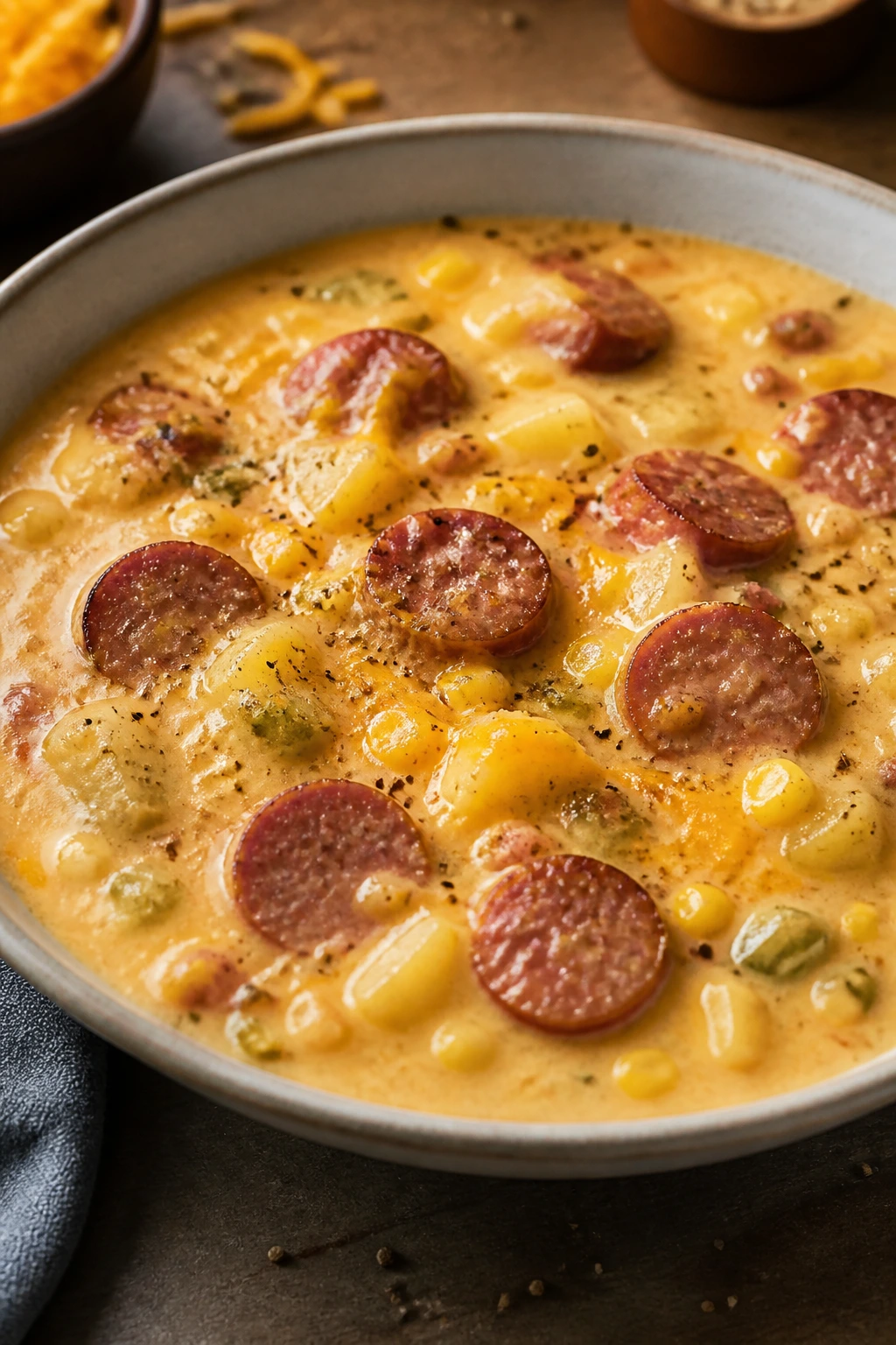 Creamy chowder with sausage corn cheddar in a bowl