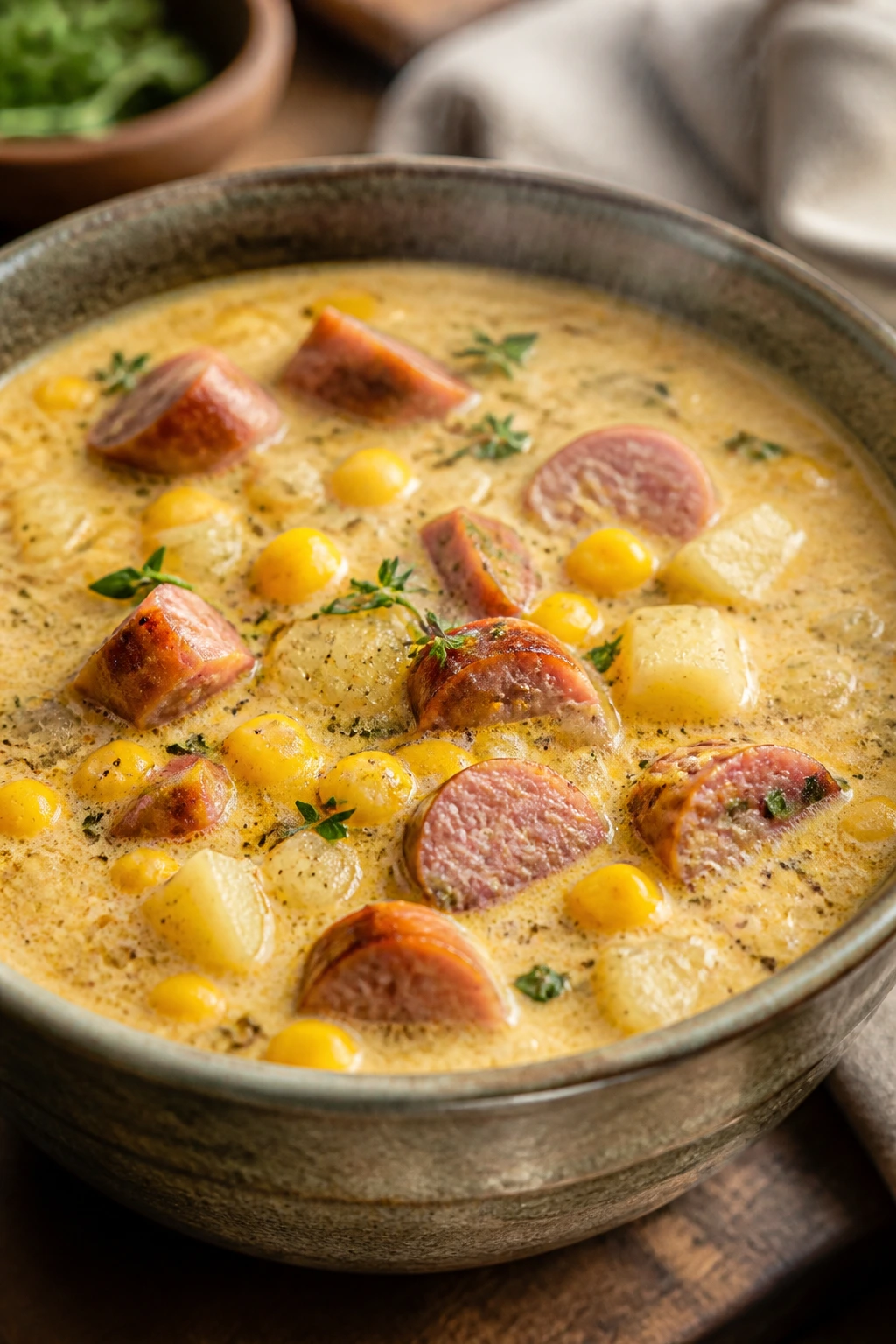 Close-up of sausage and corn chowder in a bowl