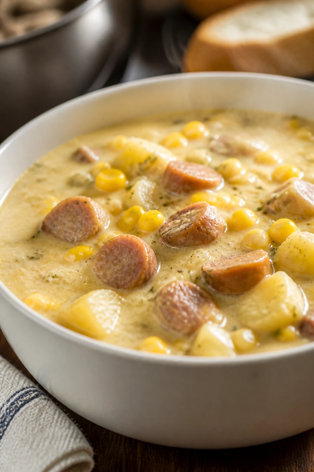 Close-up of creamy sausage corn chowder in a white bowl