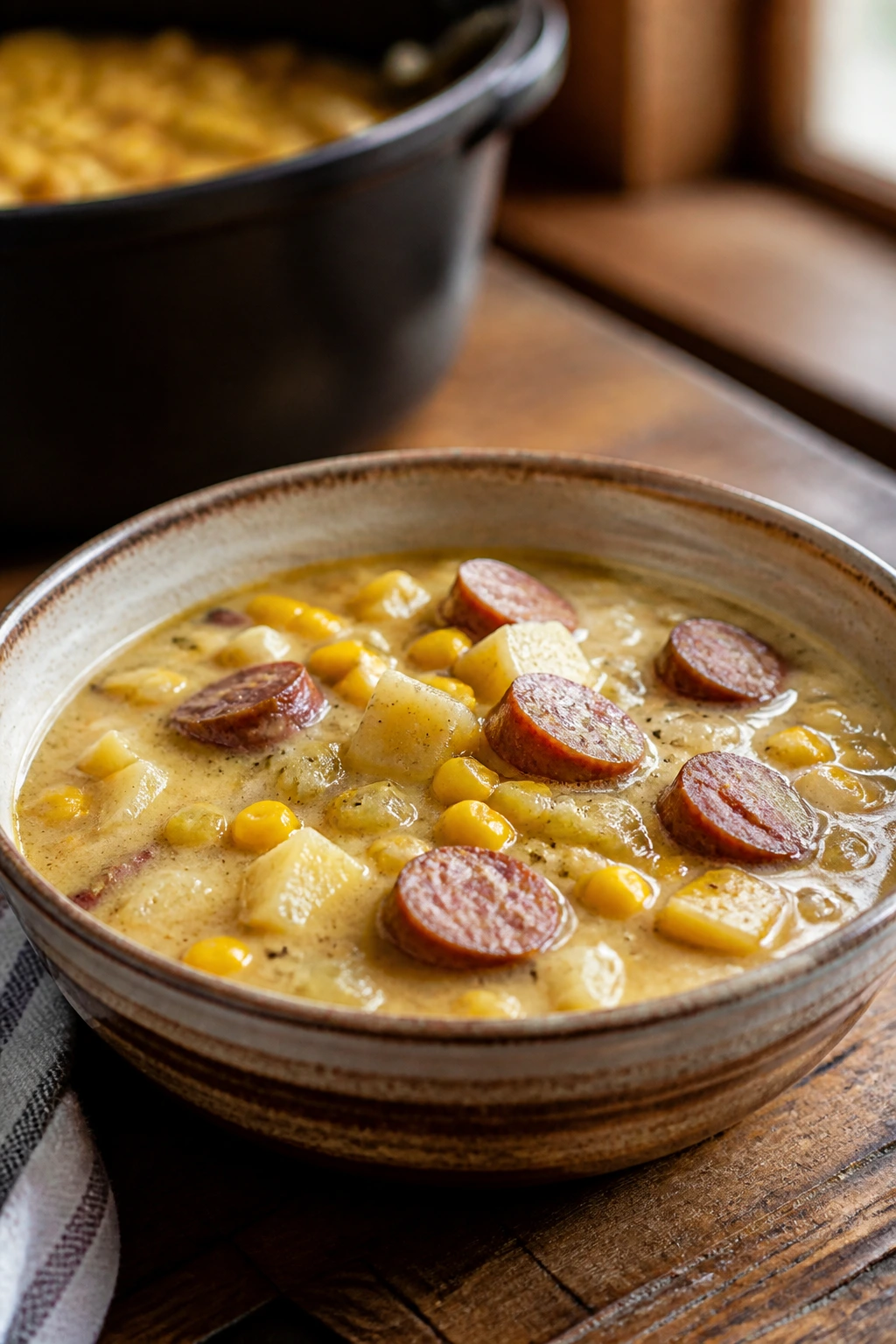 Close-up of thick sausage and corn chowder in a rustic bowl on a wooden table