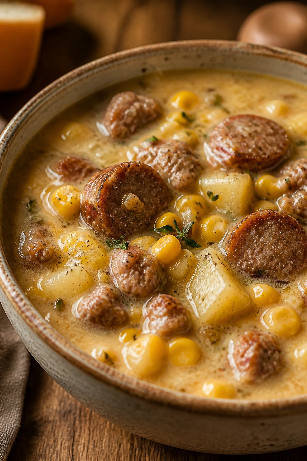 Creamy corn chowder with sausage chunks in a bowl