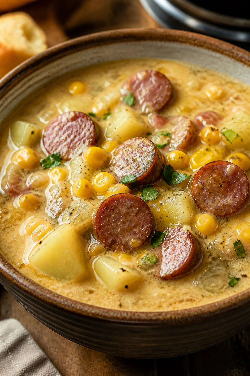 Close-up of sausage corn chowder in a rustic bowl