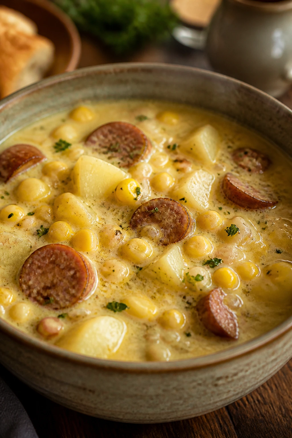 Close-up of sausage corn chowder with corn and potatoes