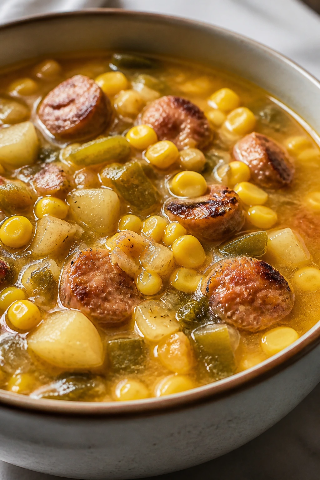 Close-up of sausage corn green chile soup in a bowl on a kitchen counter