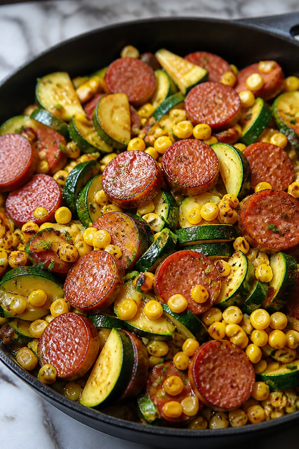 Close-up of sausage with corn and zucchini in a skillet