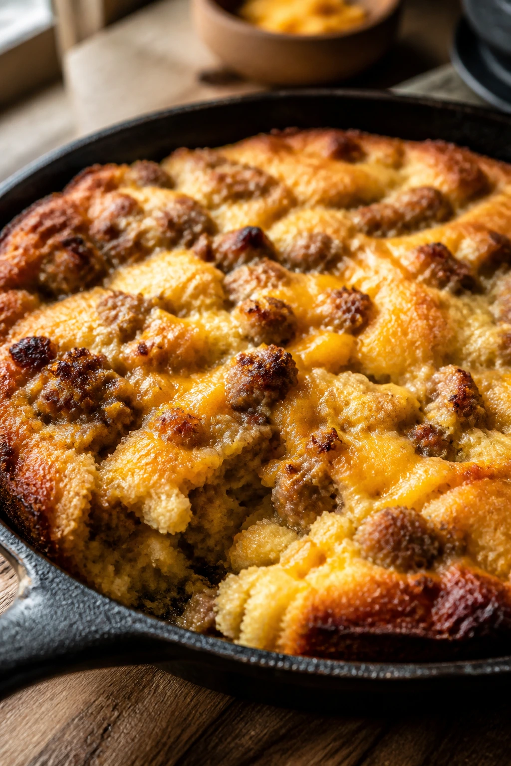 Close-up of a sausage cornbread bake in cast iron skillet with melted cheddar