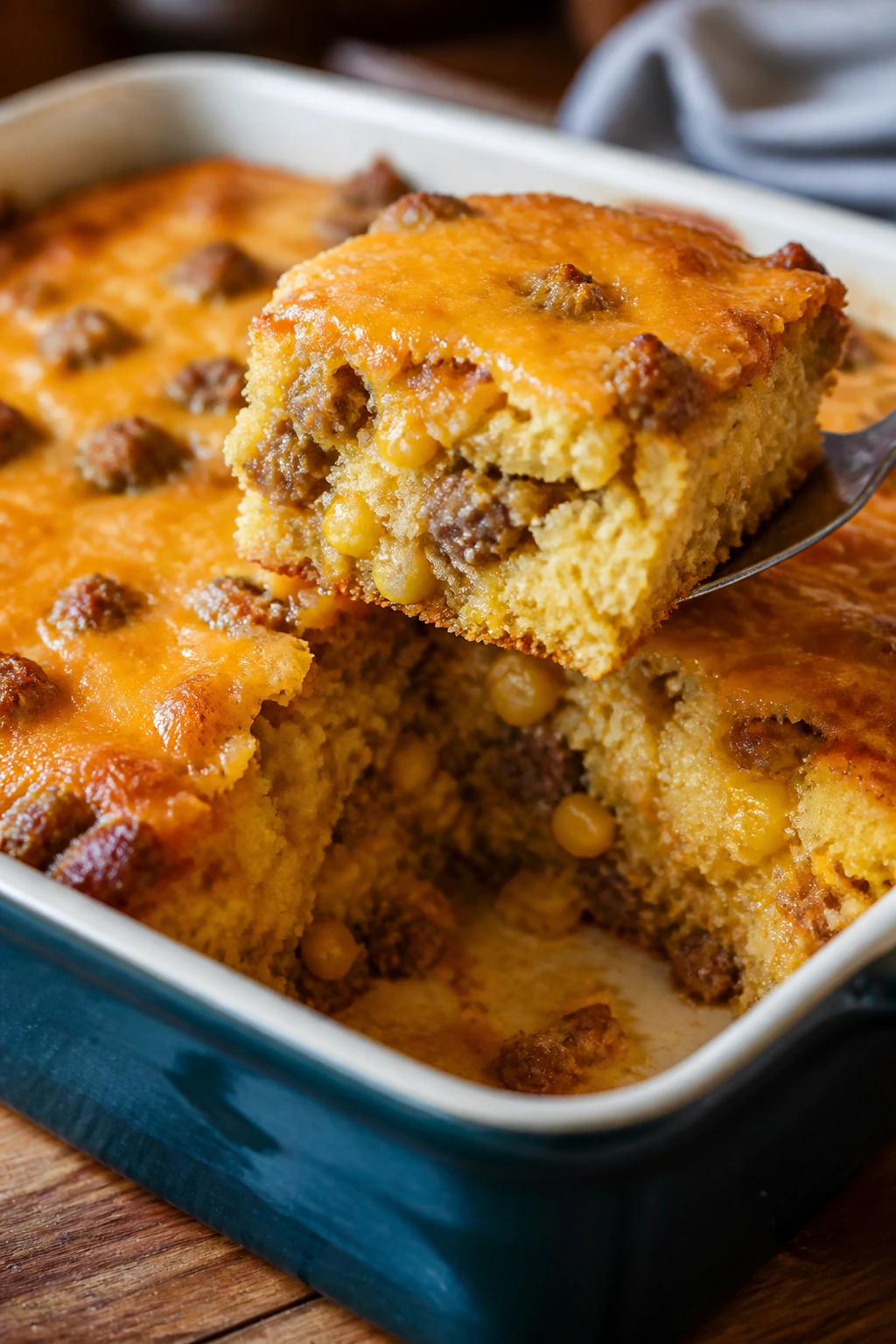 Sausage cornbread casserole in a baking dish with cheese