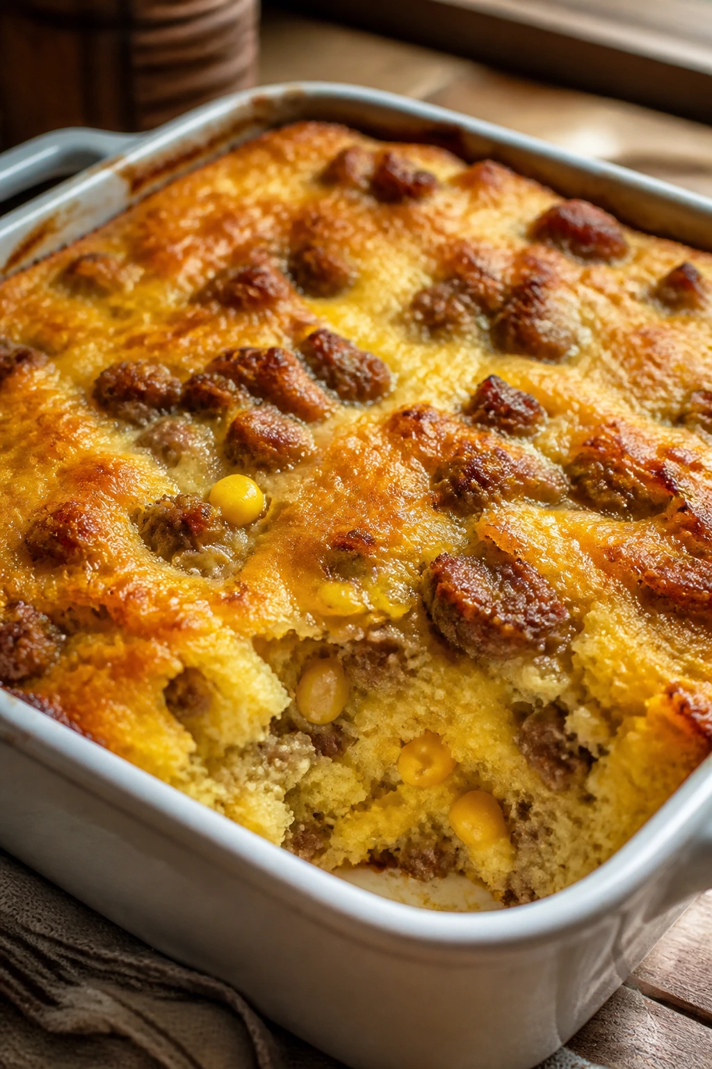 Close-up of sausage cornbread casserole with browned crust in a baking dish