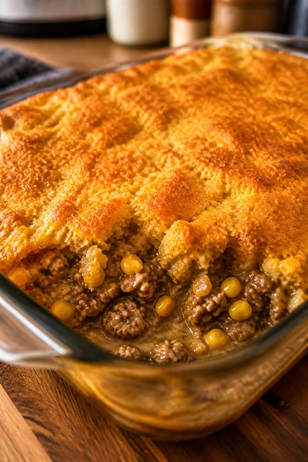 Close-up of sausage cornbread casserole in baking dish