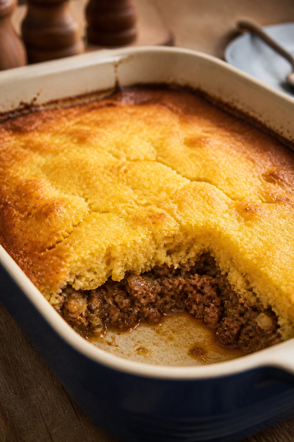 Sausage cornbread casserole in a baking dish with golden crust