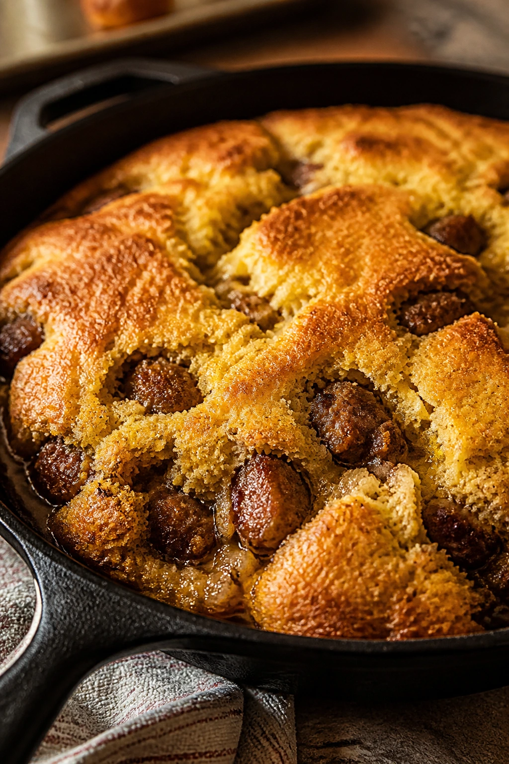Close-up of sausage with cornbread topping in a skillet bake