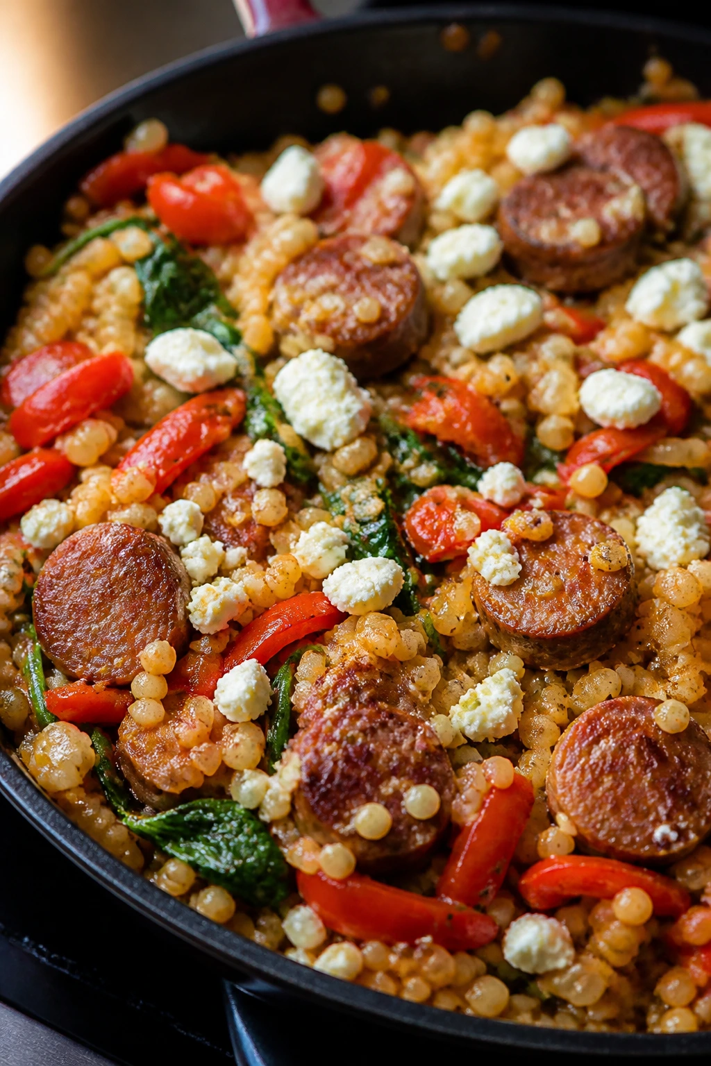 Couscous with sausage and roasted peppers in a skillet