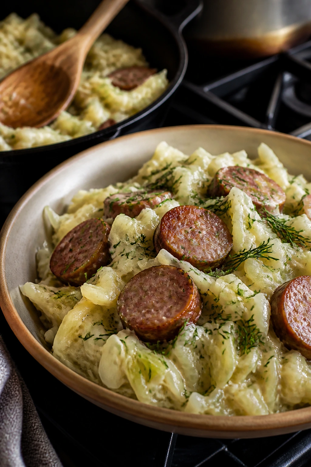 Creamed cabbage with sausage and dill in a shallow bowl