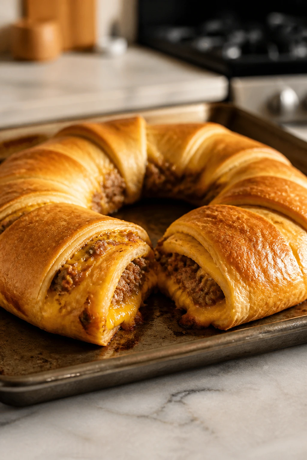 Sausage and cheese stuffed crescent ring on baking sheet