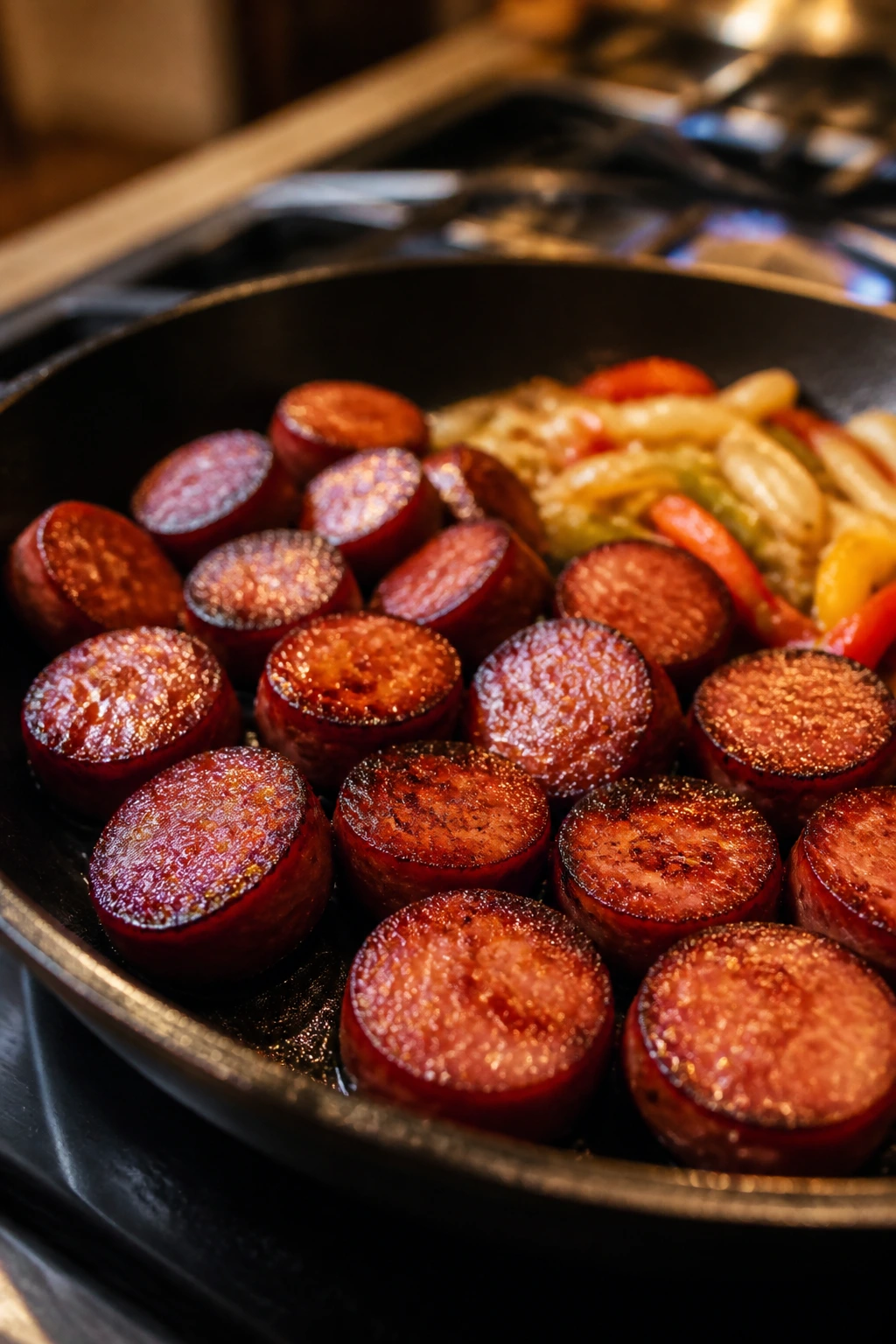 Fully cooked smoked sausage coins browning in a skillet