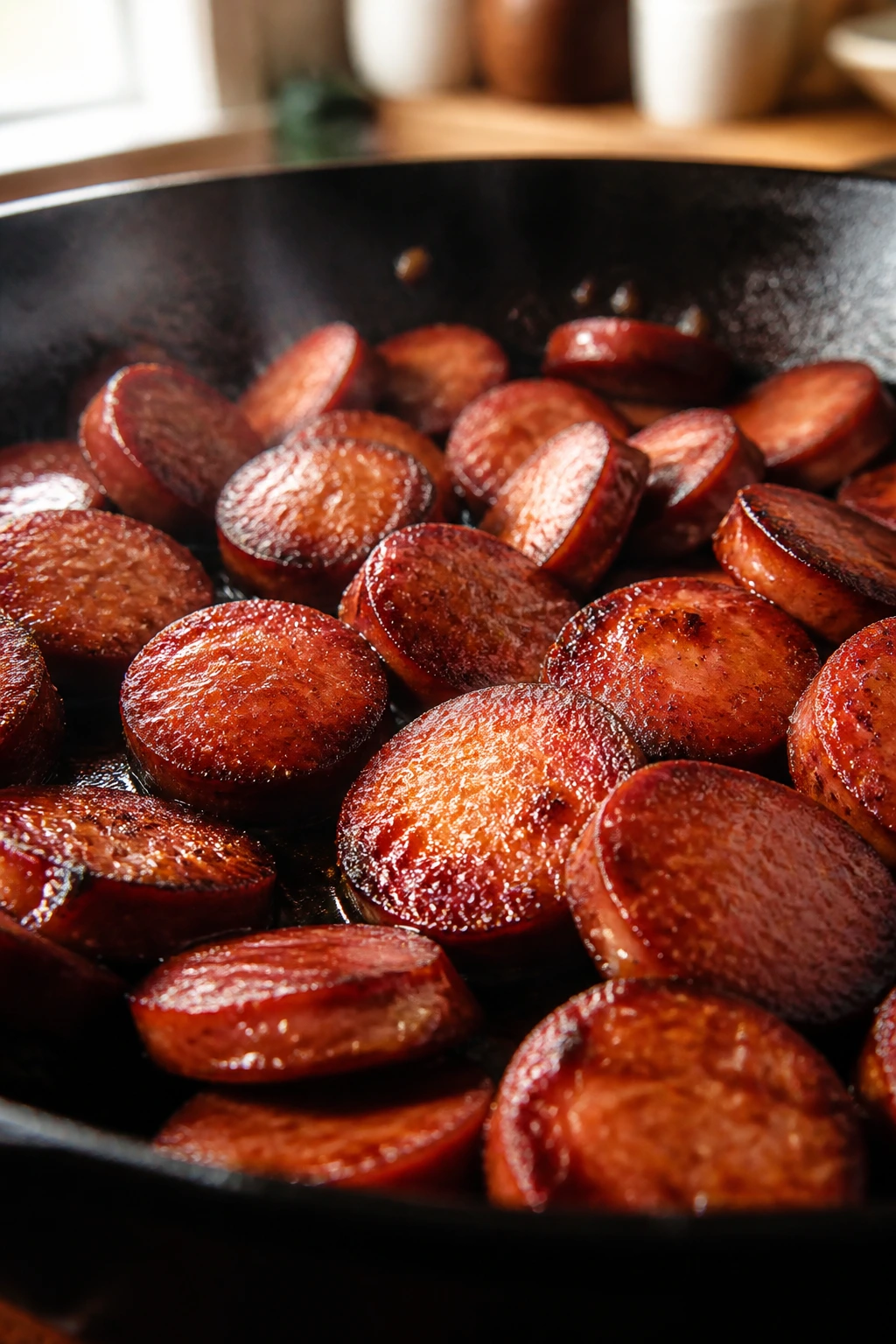Close-up of crispy smoked sausage slices with glazed caramelization in a skillet