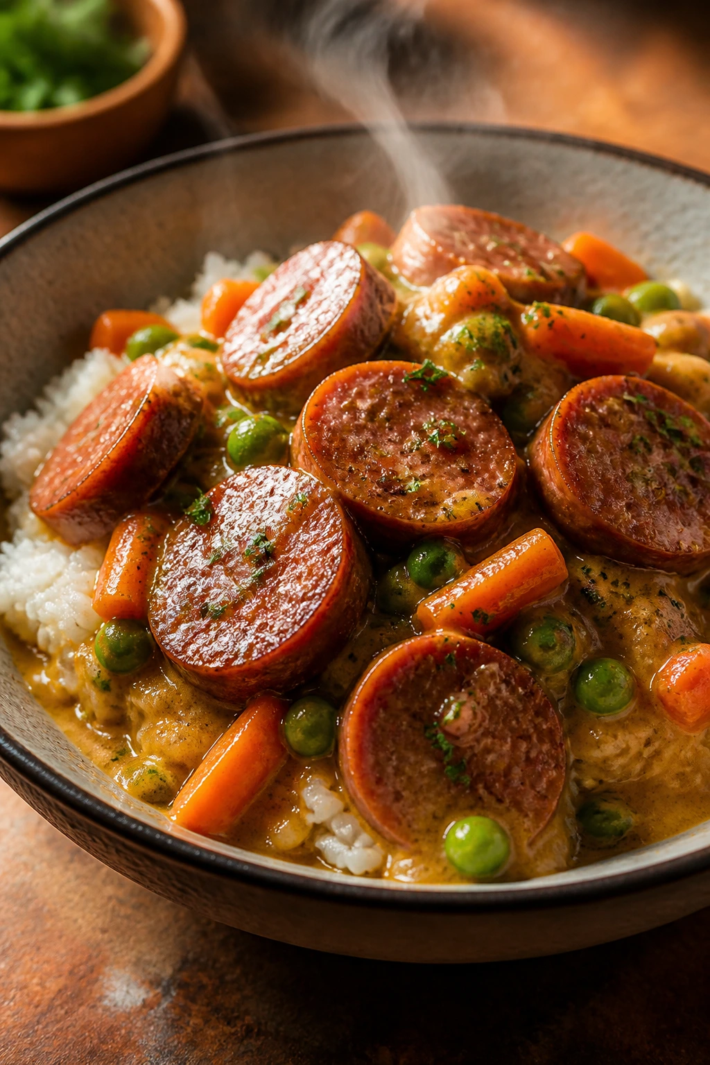 Close-up of smoked sausage curry with rice in a bowl