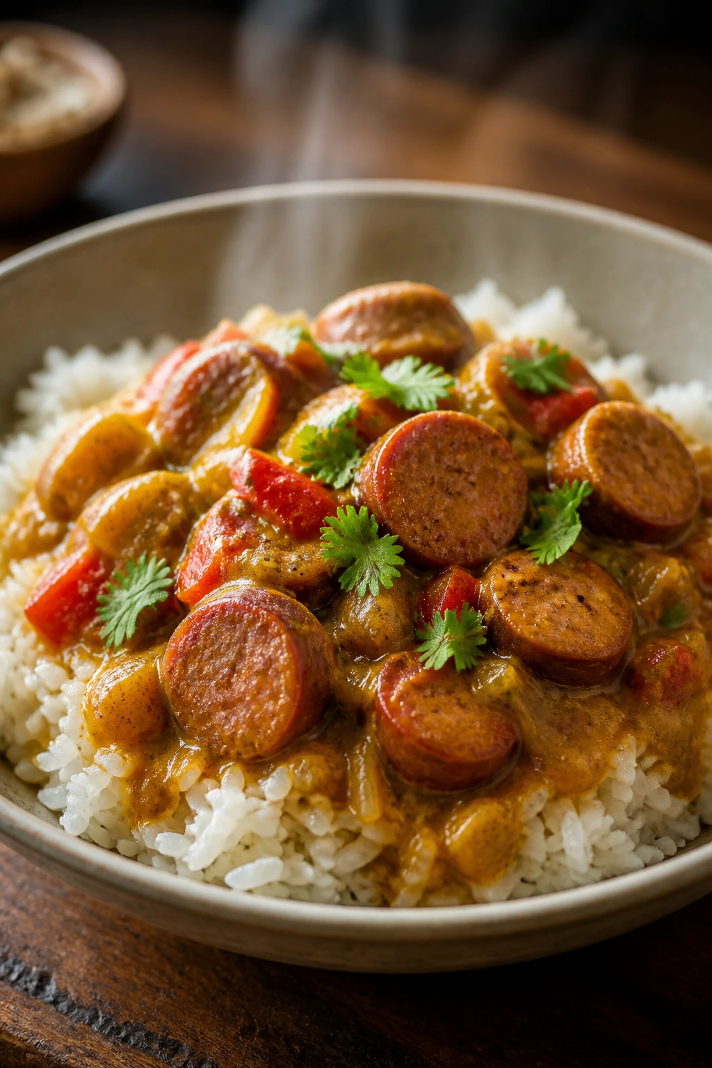Steaming sausage curry over rice in a bowl