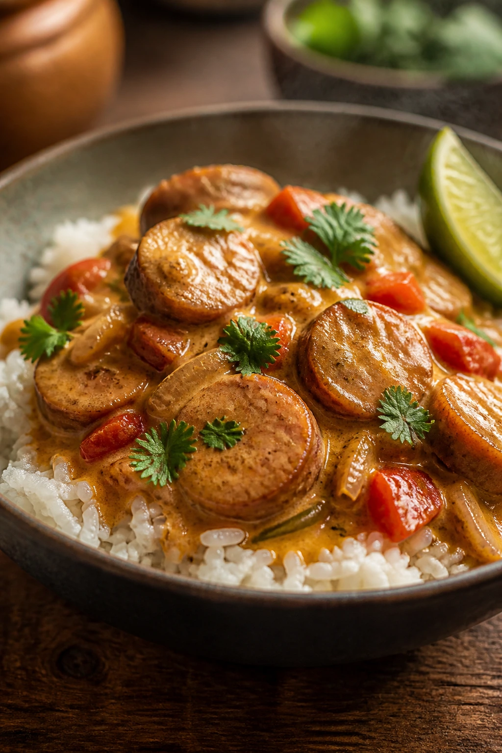 Close-up of sausage curry with coconut rice in a steaming bowl