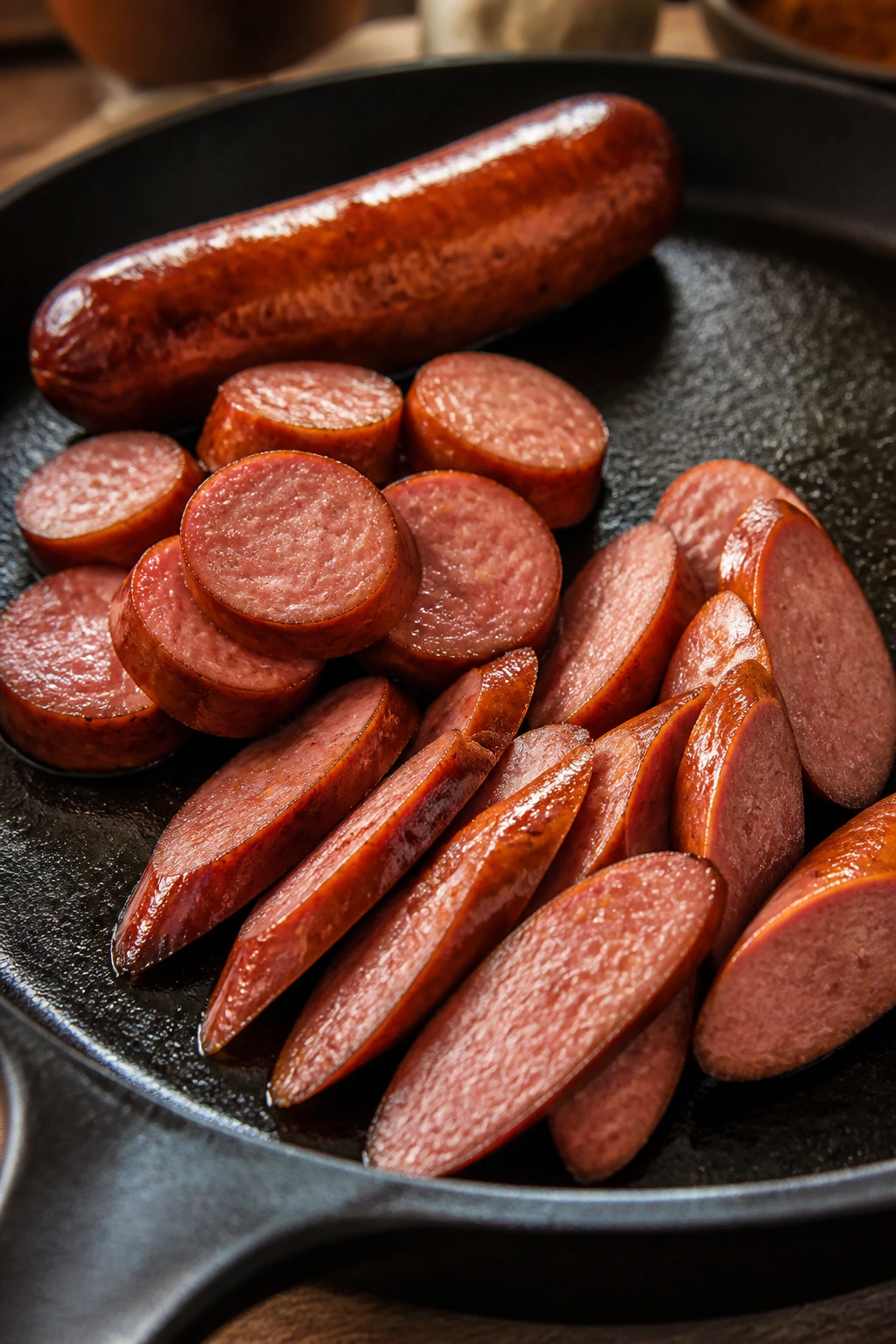 Sausage pieces cut into coins and diagonal slices on plate