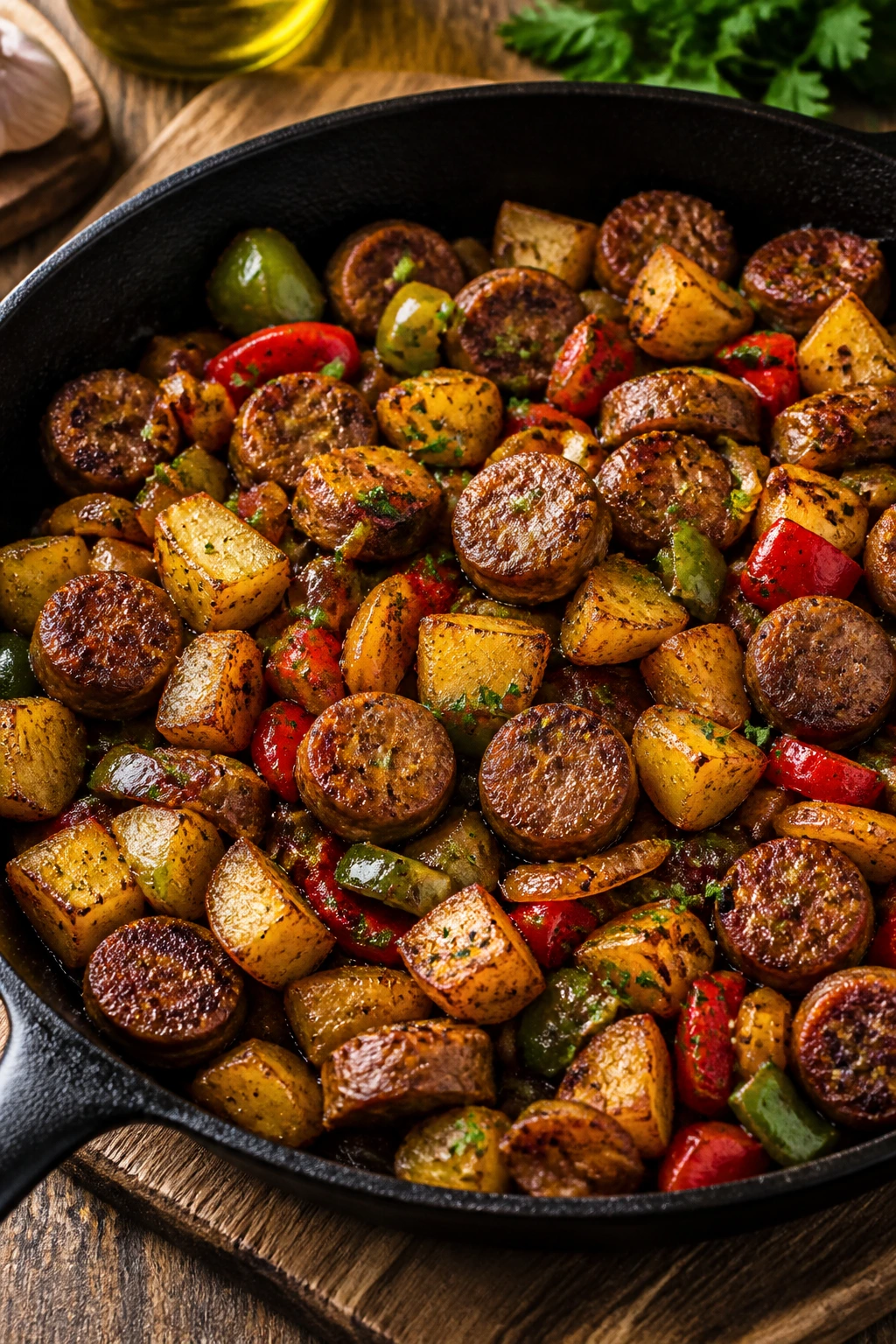 Skillet with beef sausage, potatoes, and peppers illustrating a useful sausage dinner rotation