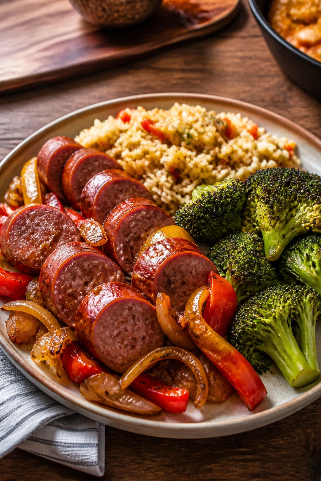 Plate of sausage dinner with two sides on wood table
