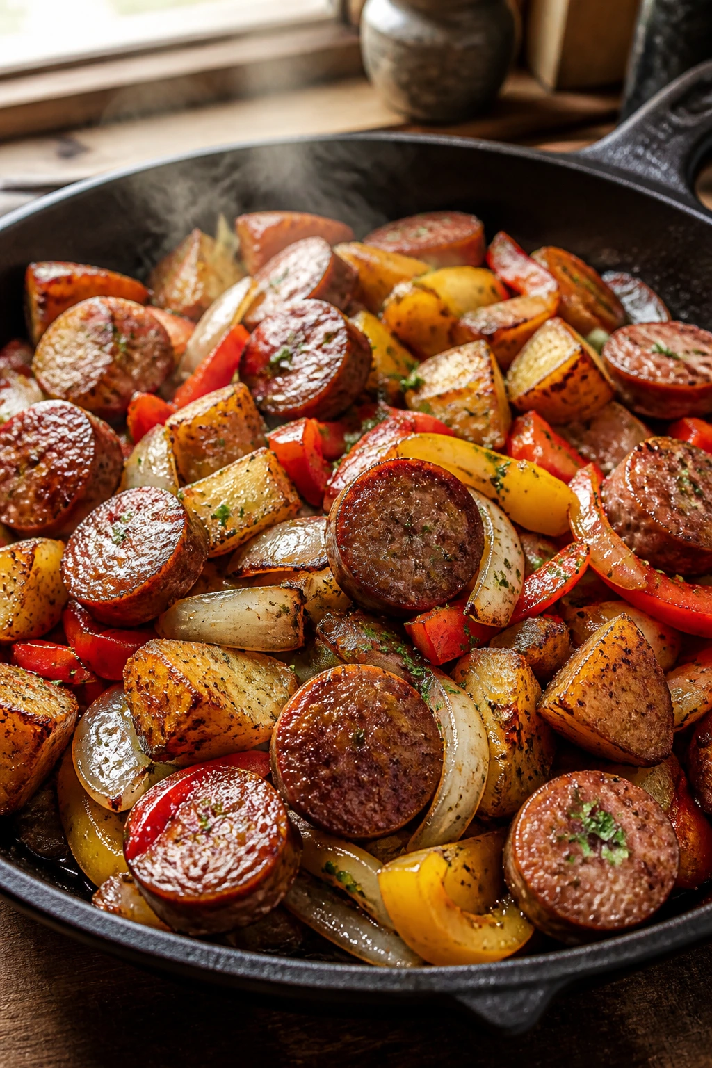 Close-up of a sausage skillet with peppers and potatoes in a cozy kitchen
