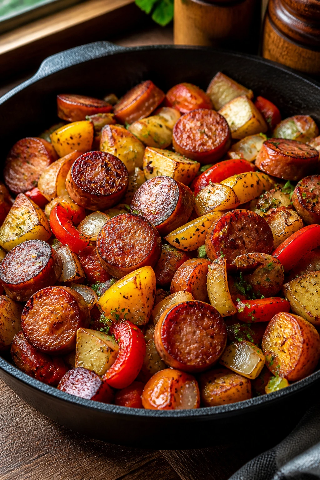 Sizzling sausage dinner with peppers and potatoes in a warm kitchen
