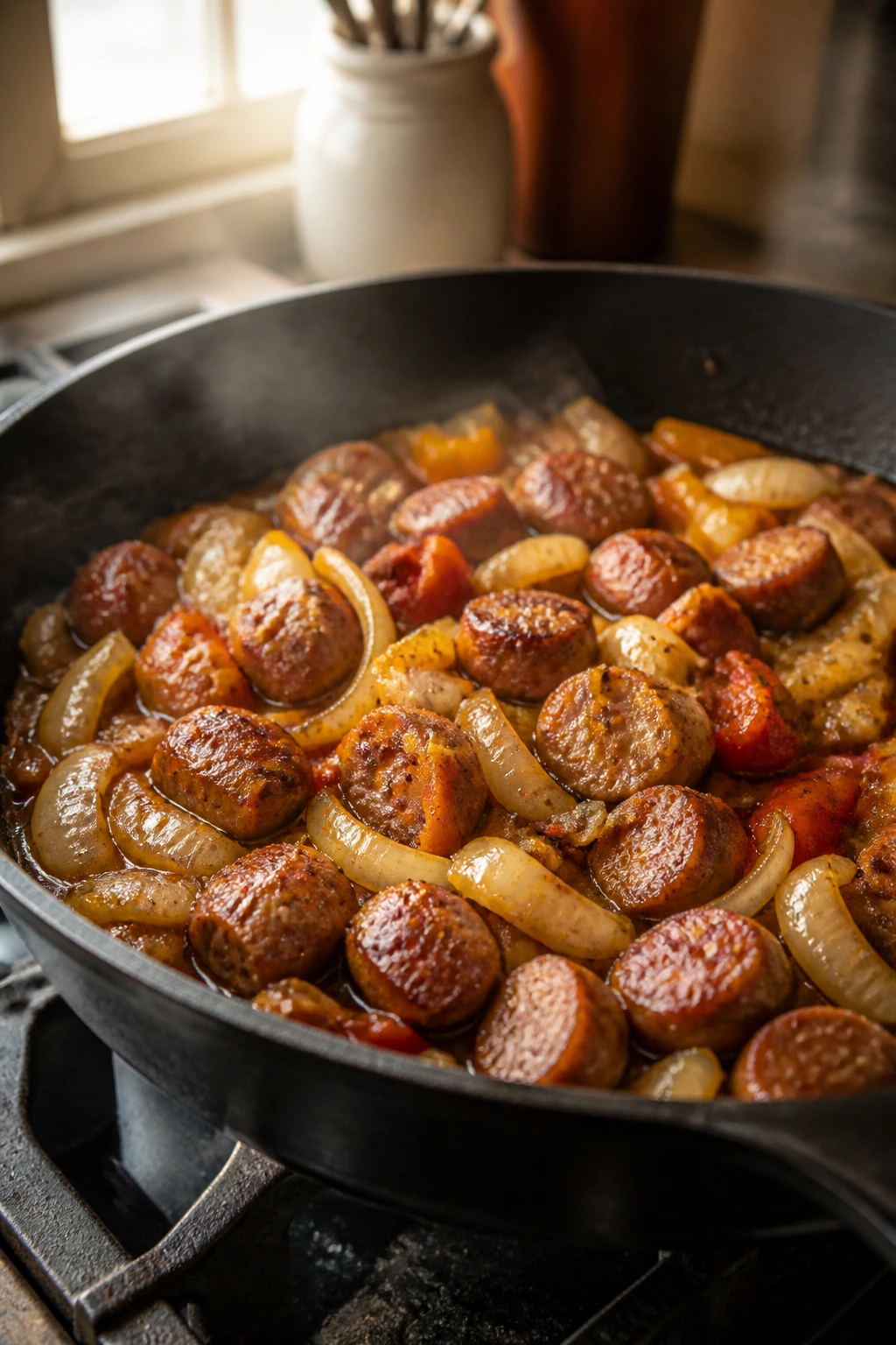 Skillet with sausage and vegetables showing why sausage dinners work