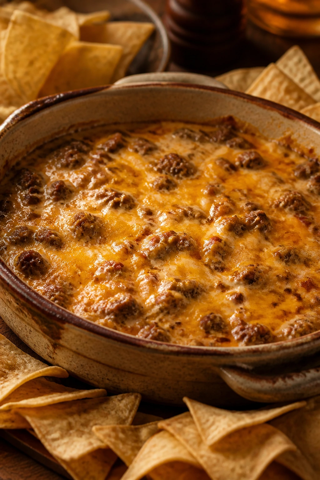 Close-up of bubbling hot sausage dip with cream cheese and cheddar in a baking dish