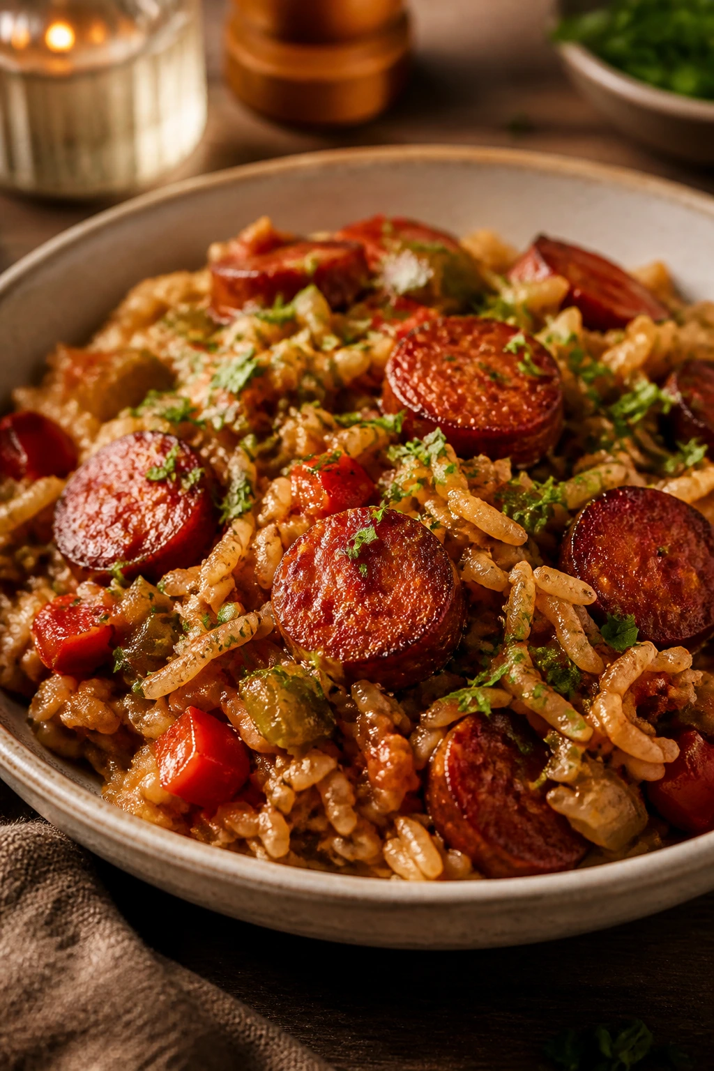 Bowl of sausage and rice dish ready to serve