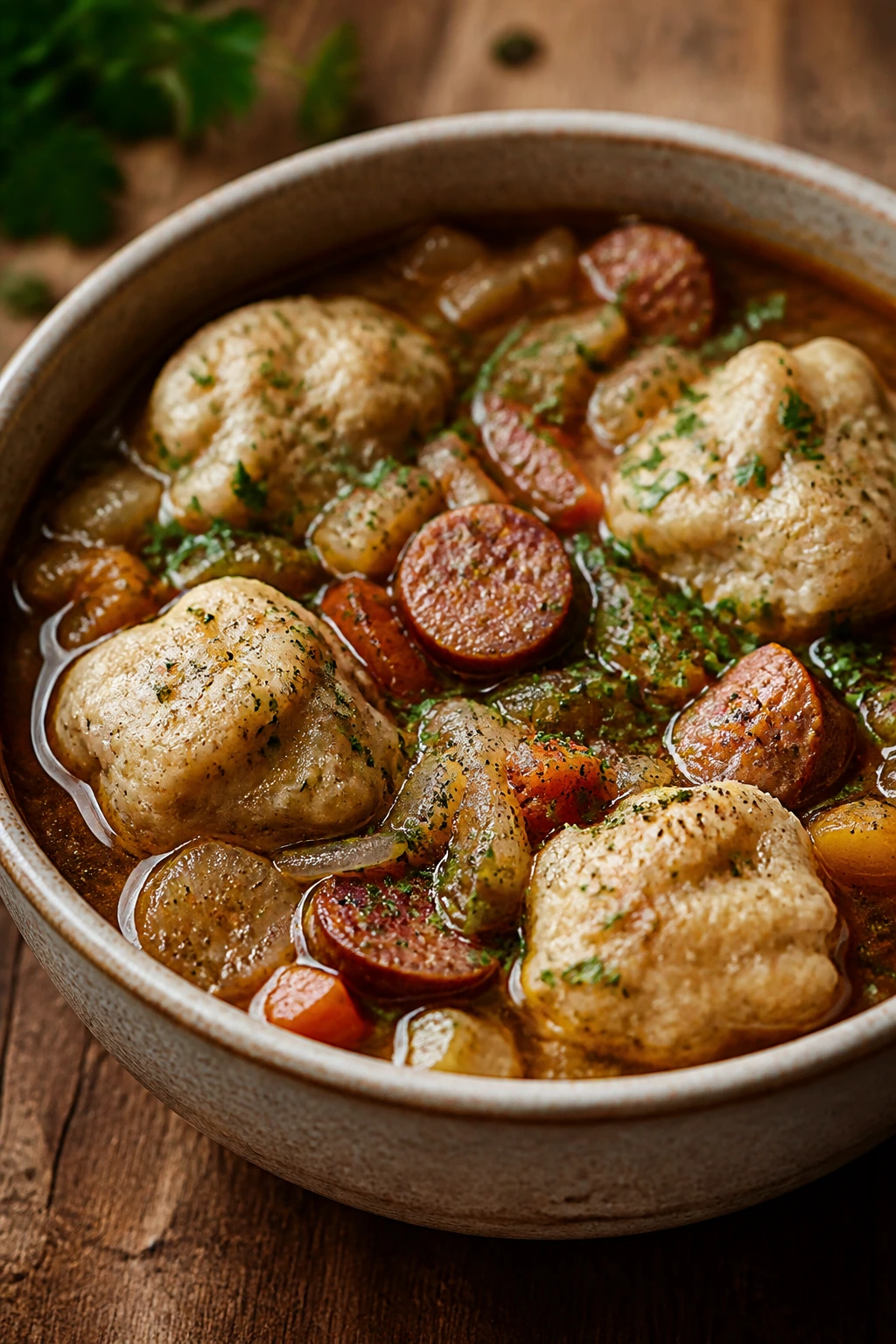Steaming bowl of sausage dumpling stew with herbs