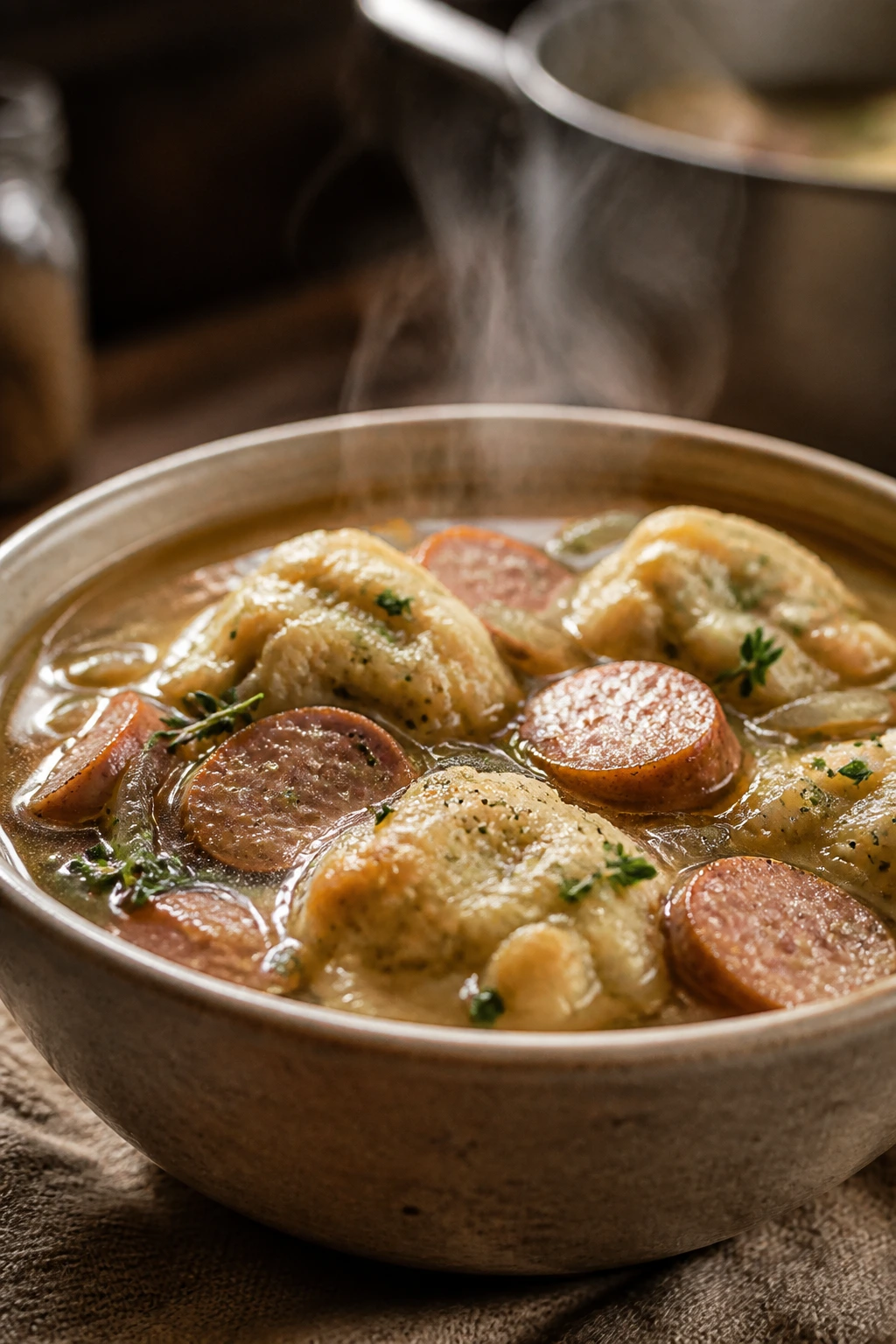 Steaming bowl of sausage and herb dumplings in onion broth