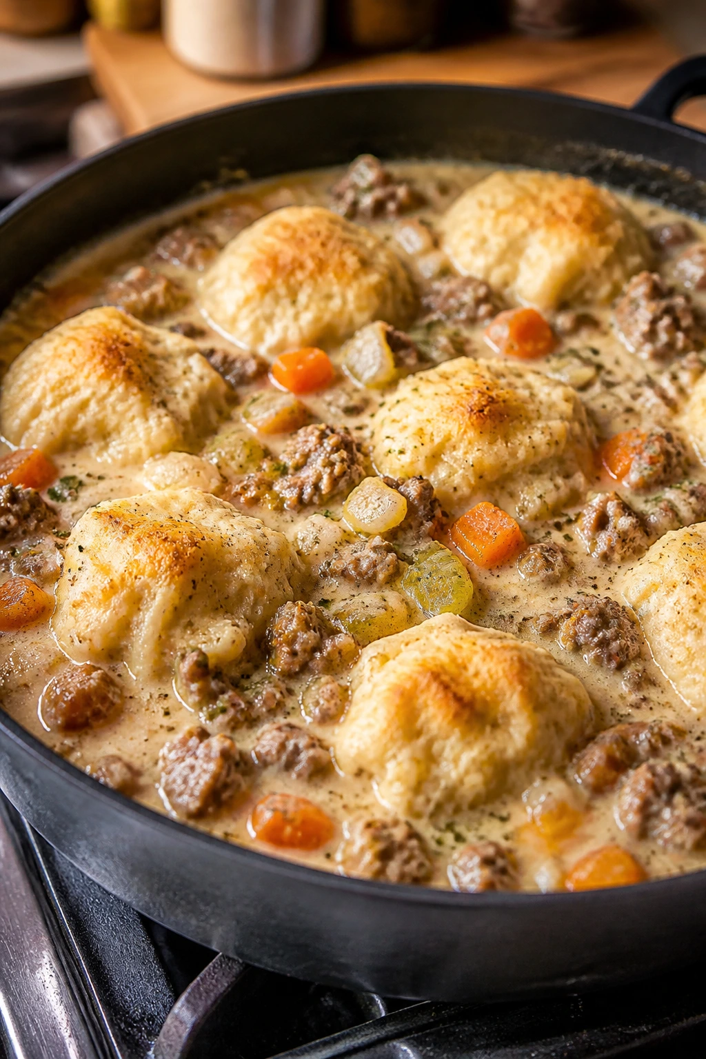 Close-up of sausage and dumplings in a skillet