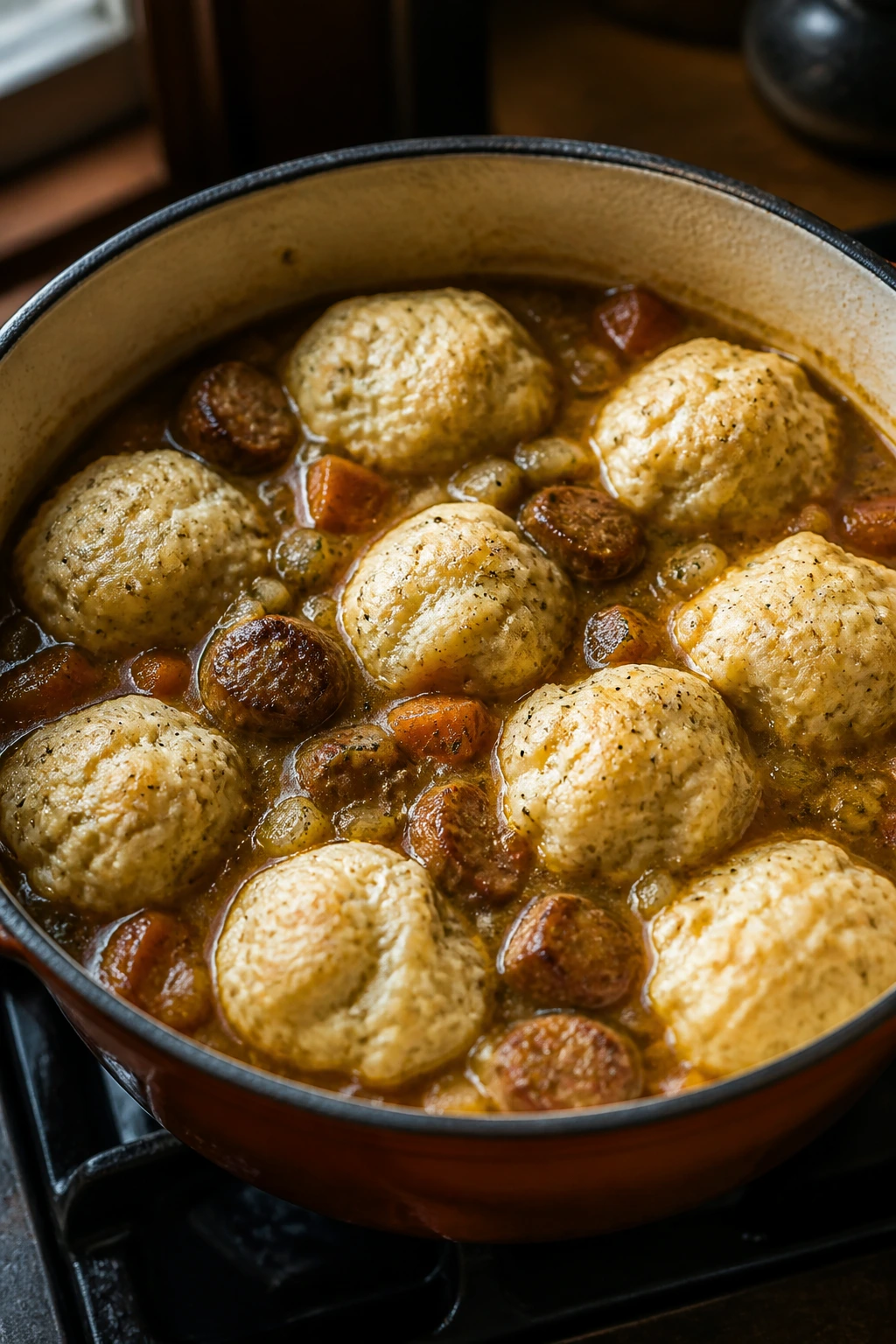 Sausage stew with fluffy dumplings in a rustic Dutch oven.