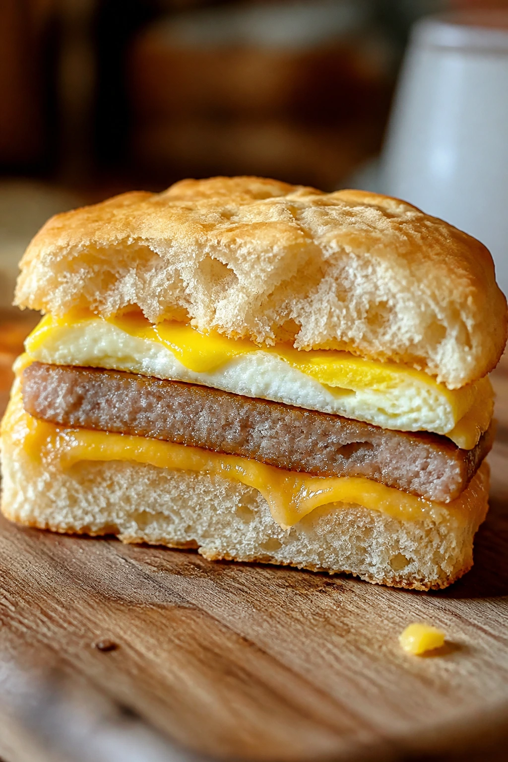 Close-up of a sausage egg biscuit sandwich cross-section