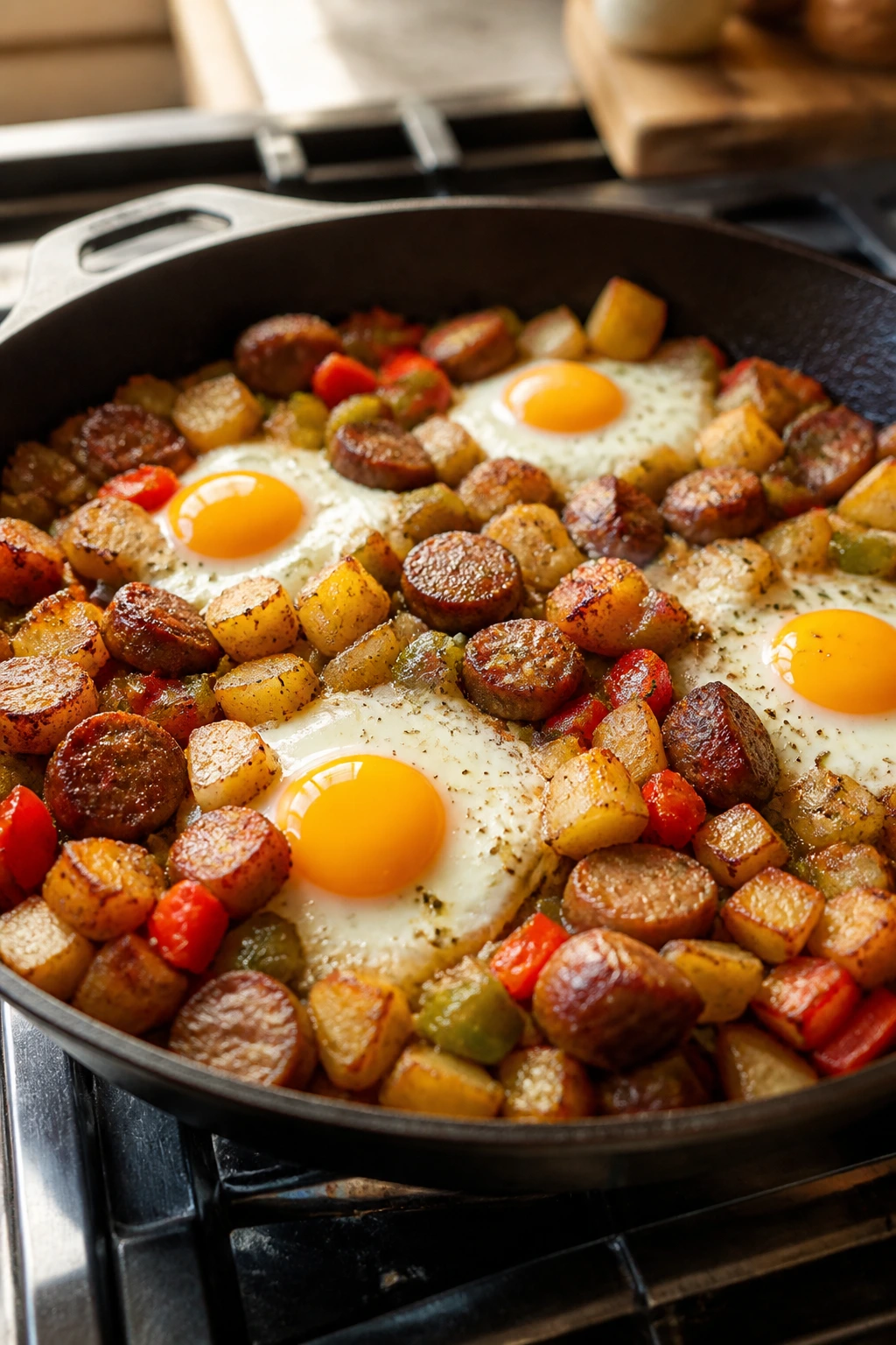 Breakfast skillet with sausage, potatoes and eggs
