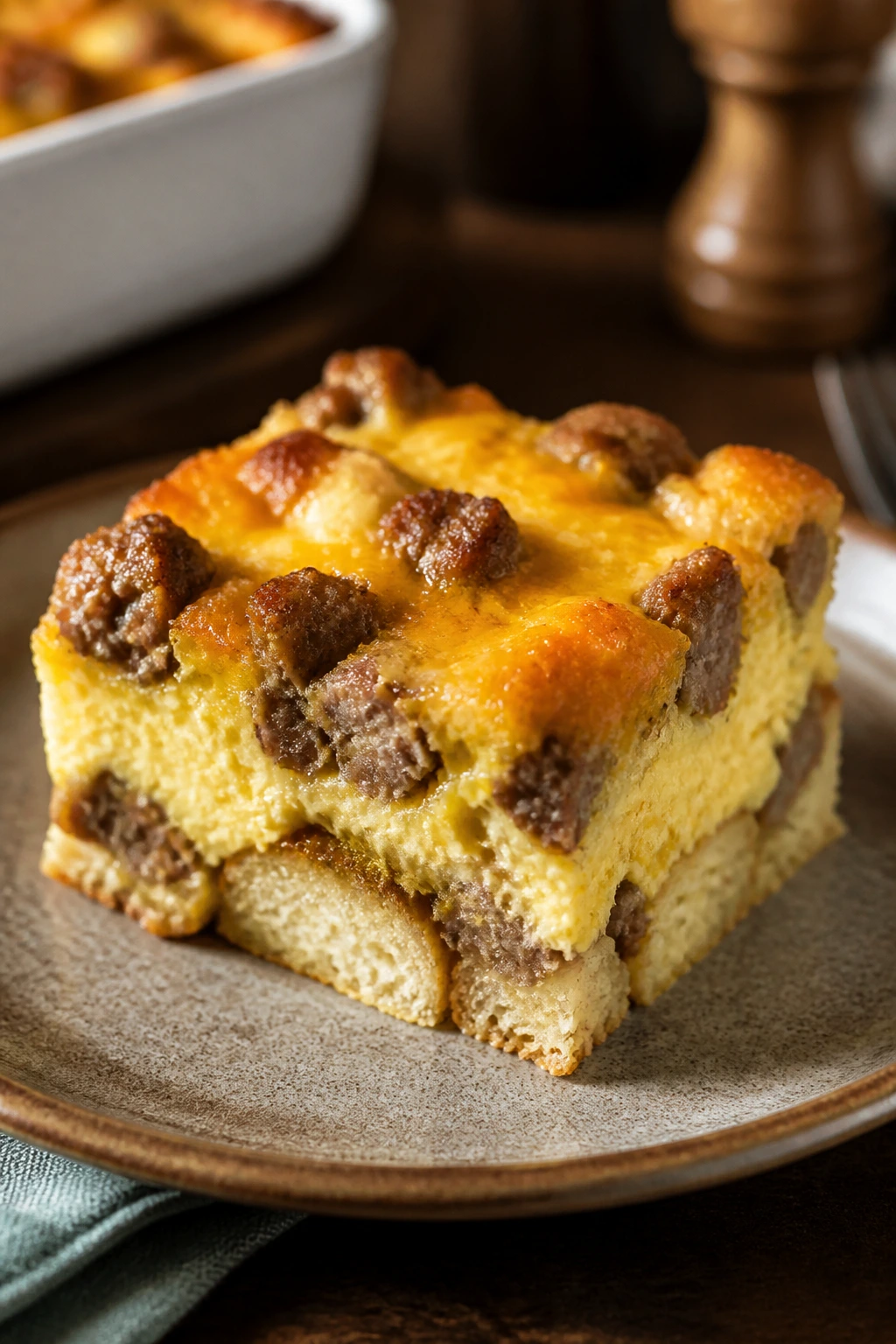 Slice of sausage and egg breakfast casserole on a rustic plate