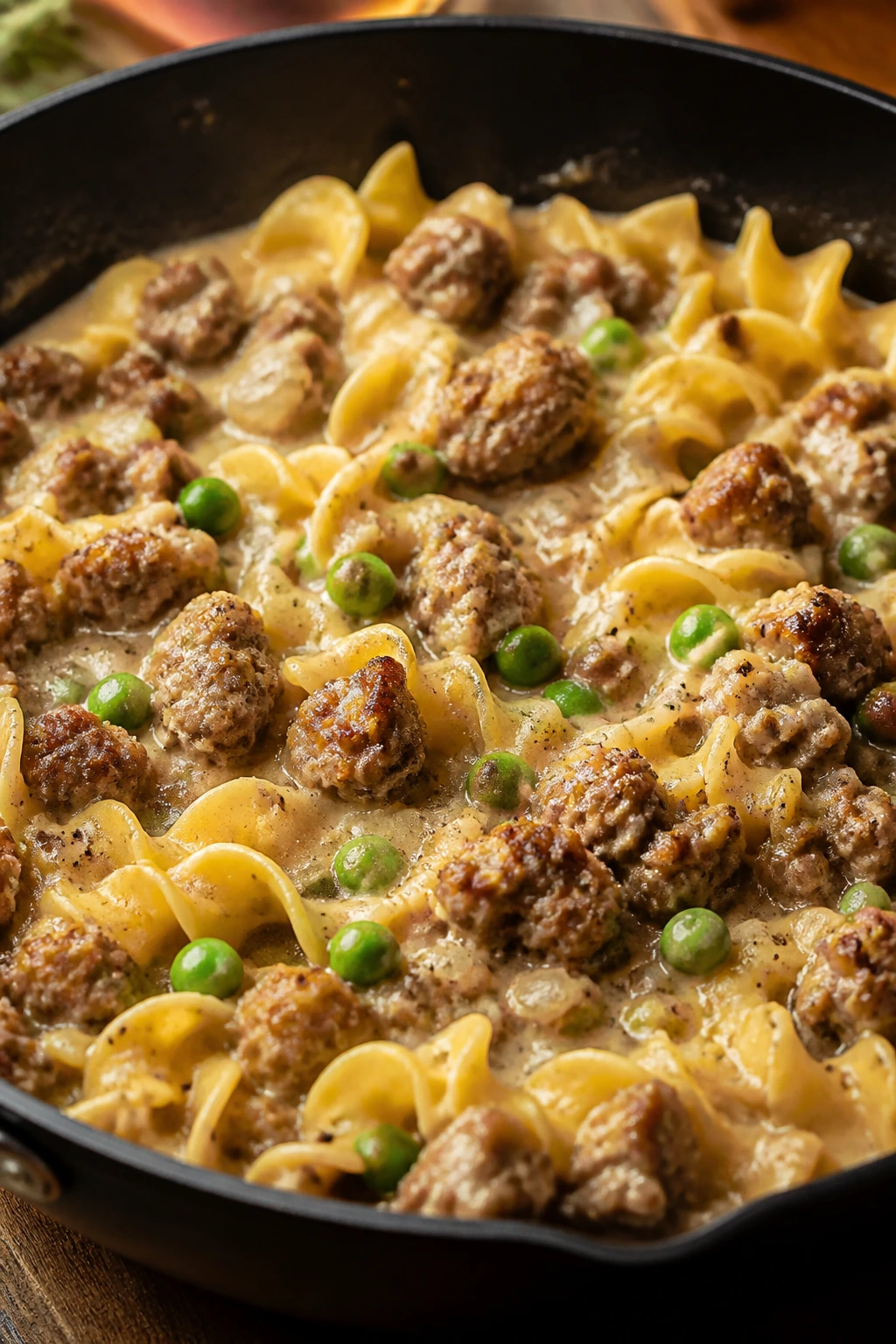 Sausage and egg noodle skillet with peas in creamy sauce
