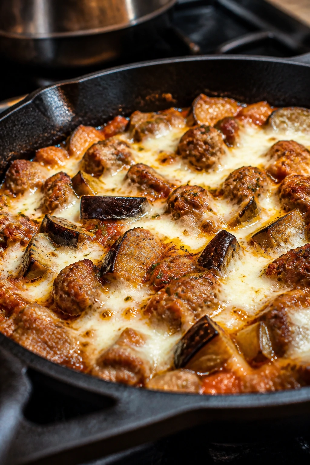 Close-up of sausage, eggplant, and mozzarella in a skillet