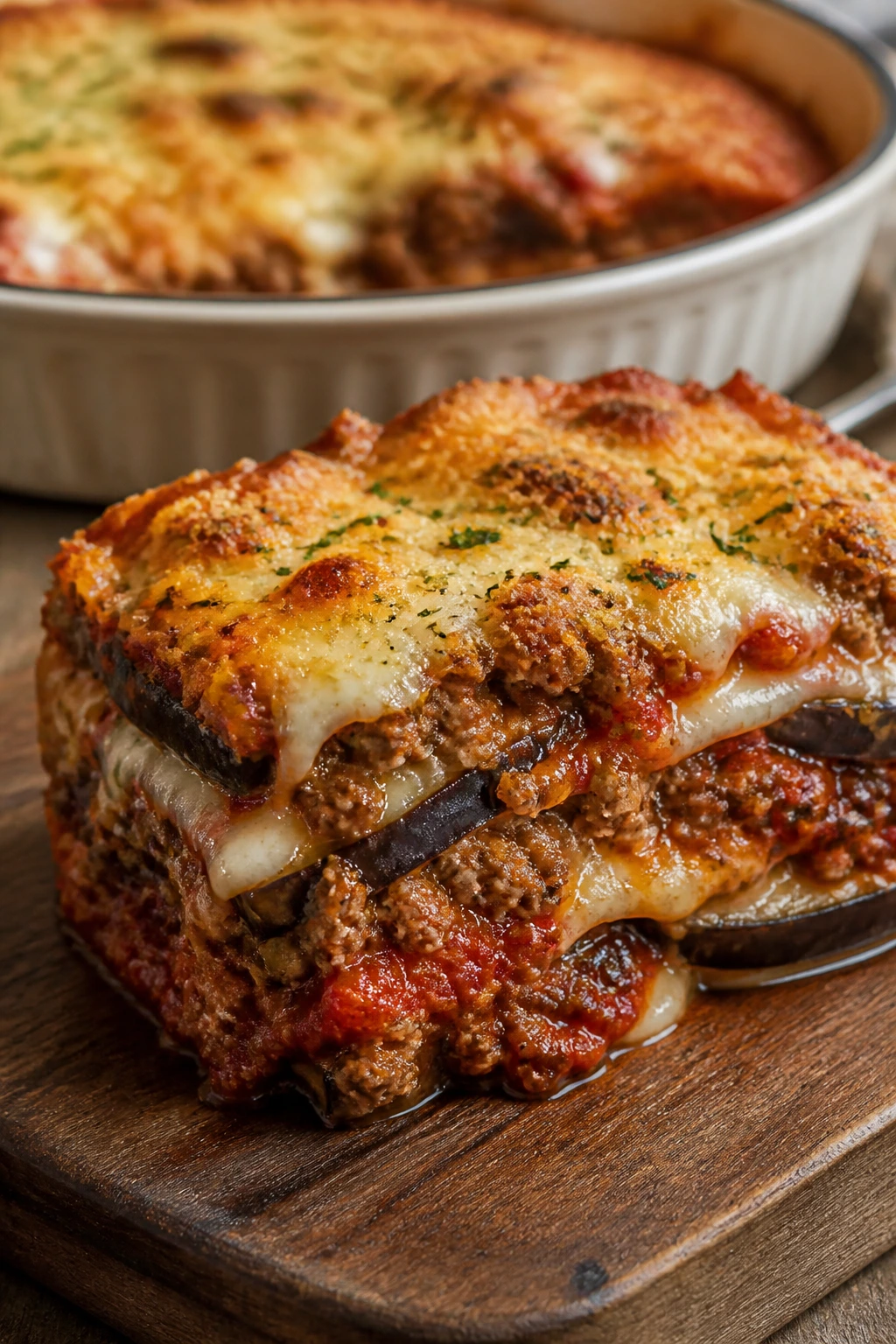 Close-up of sausage eggplant parmesan bake slice
