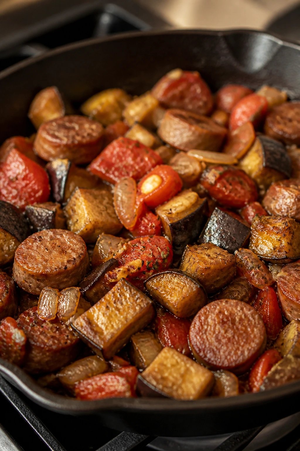 Close-up of sausage eggplant tomato skillet on stovetop