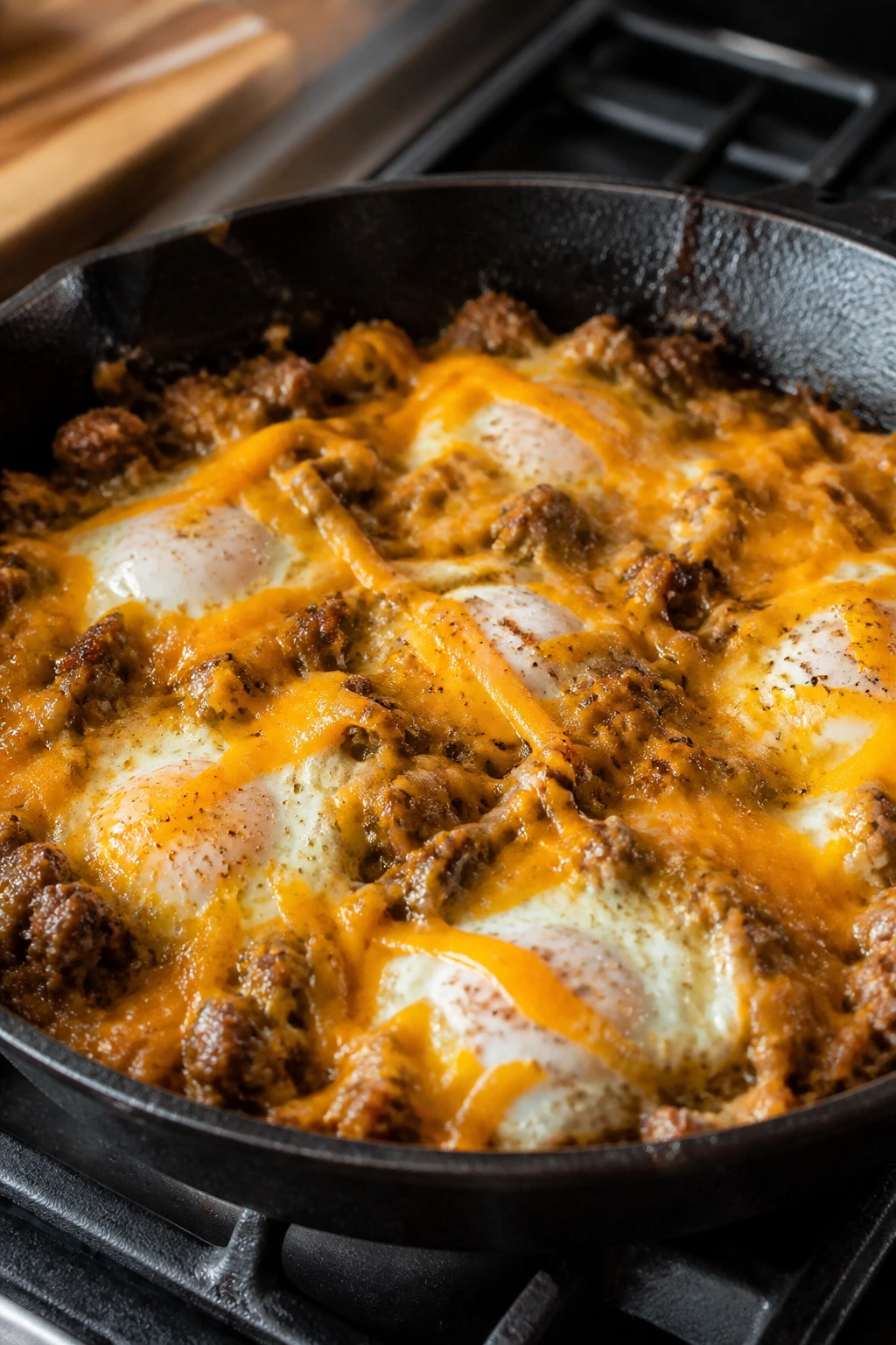 Close-up of sausage and egg breakfast skillet with cheddar in a cast-iron pan