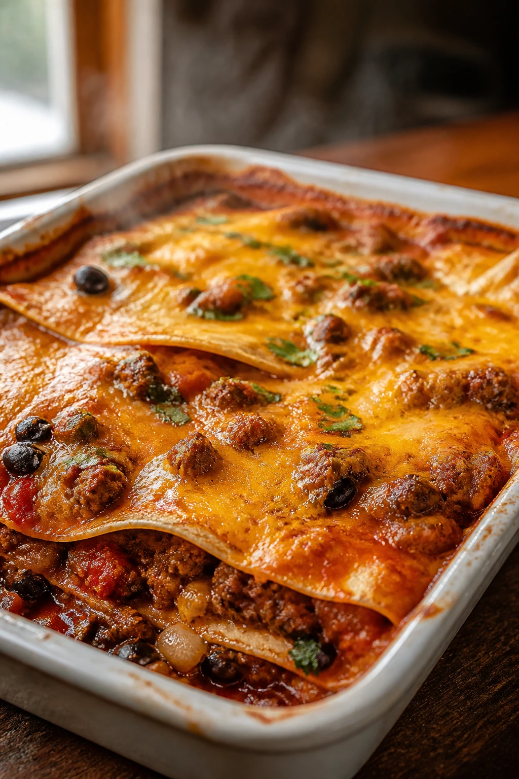 Close-up of bubbling sausage enchilada bake with layered tortillas and melted cheese