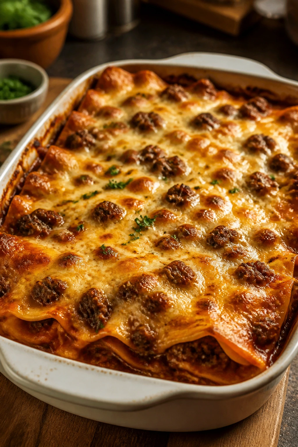 Bubbling sausage enchilada casserole in a baking dish