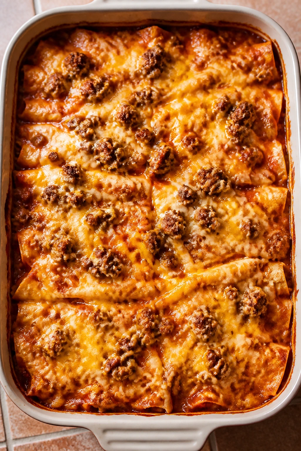 Top-down view of sausage enchilada casserole